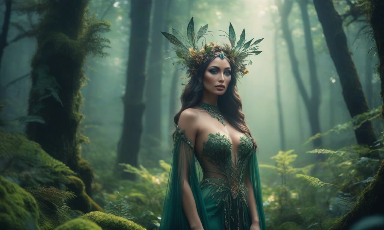  Forest nymph. Fantasy. Clear depiction of details. hyperrealistic, full body, detailed clothing, highly detailed, cinematic lighting, stunningly beautiful, intricate, sharp focus, f/1. 8, 85mm, (centered image composition), (professionally color graded), ((bright soft diffused light)), volumetric fog, trending on instagram, trending on tumblr, HDR 4K, 8K