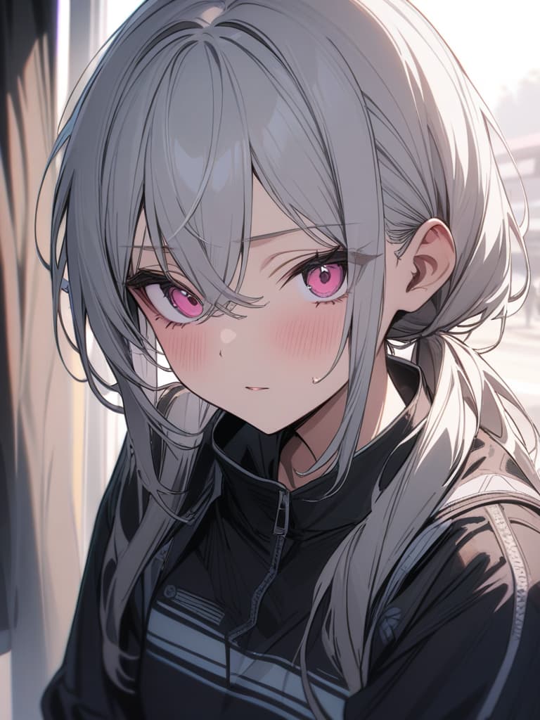  Cute, white hair, pink eyes, subcultures, jerseys, moe sleeves, masterpiece, best quality,8k,ultra detailed,high resolution,an extremely delicate and beautiful,hyper detail