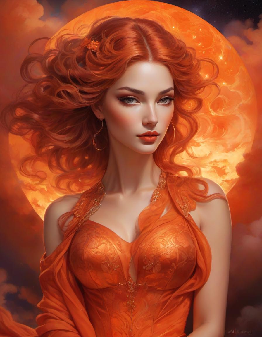  Renaissance style Gorgeous Goddess of fire, (floating on a fiery orange cloud); perfect hair, perfect full lips, Detailed perfect body, her body is all without blemish, stunning In A Milky Way Garden, background of flames, floating on clouds, Highly Stylized Features; (Full Body), Unsplash, Highly Detailed, Digital Painting, Intricately Detailed Eyes, Colourful, Ink Painting, Beautiful Watercolor Painting, Realistic, Detailed, Fine Art, Oil Painting, Finely Drawn Hands; By Artgerm, By Alphonse Mucha, By Ilya Kuvshinov, Painting By Olga Shvartsur, Svetlana Novikova . realistic, perspective, light and shadow, religious or mythological themes, highly detailed hyperrealistic, full body, detailed clothing, highly detailed, cinematic lighting, stunningly beautiful, intricate, sharp focus, f/1. 8, 85mm, (centered image composition), (professionally color graded), ((bright soft diffused light)), volumetric fog, trending on instagram, trending on tumblr, HDR 4K, 8K