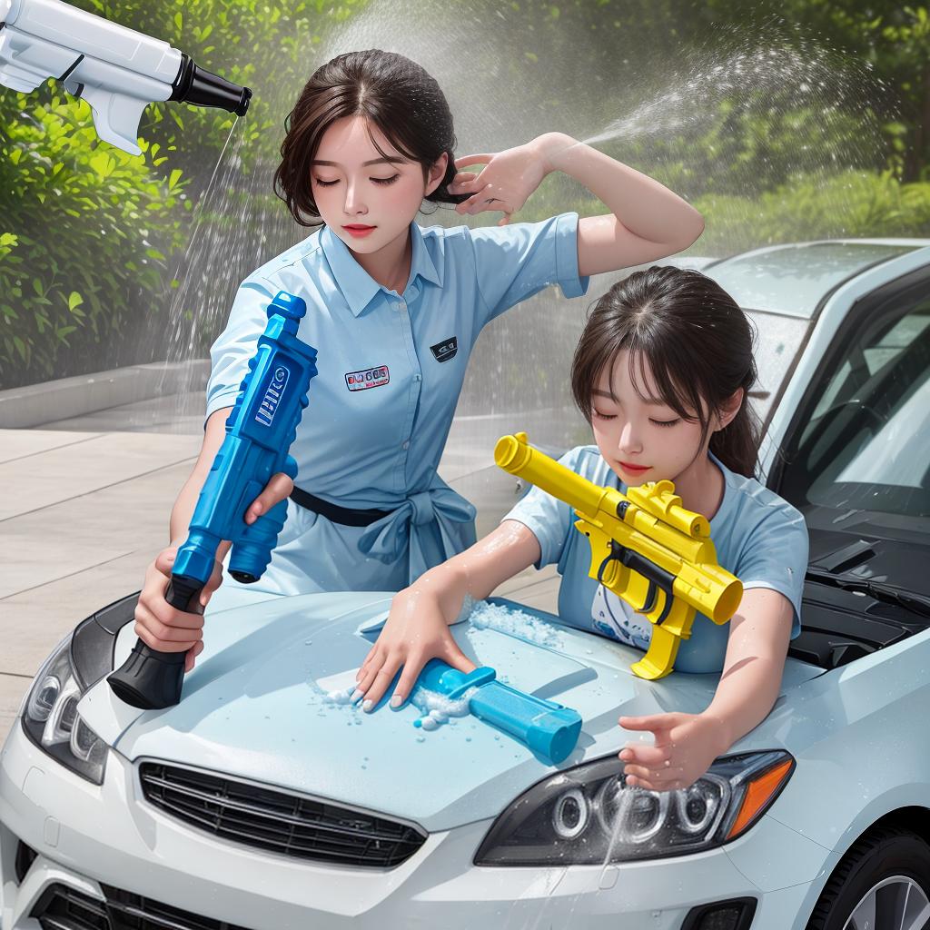  masterpiece, best quality, A beautiful in is washing her car, holding a water gun and spraying a lot of foam all over her body, high resolution and high definition. --ar 56:79