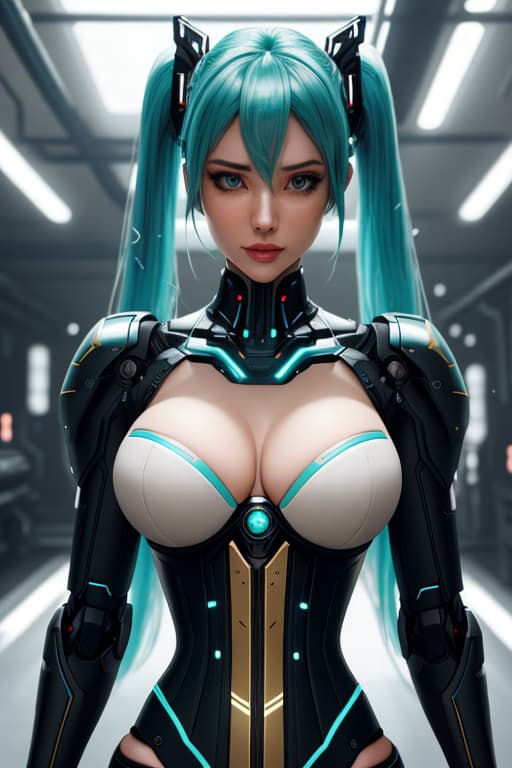  cgmech, beautiful eyes, upper body, underboob, portrait, robot, corset , Hatsune Miku, neon light, 8K, RAW, best quality, masterpiece, ultra high res, colorful, (medium wide shot), (dynamic perspective), sharp focus , (depth of field, bokeh:1.3), extremely detailed eyes and face, beautiful detailed eyes,large breasts,(black gold, trimmed gear :1.2),(In a futuristic weapons factory:1.2), ((masterpiece, best quality)), <lora:more details:0.3> Detailed background, spaceship interior <lora:Niji:0.5> hyperrealistic, full body, detailed clothing, highly detailed, cinematic lighting, stunningly beautiful, intricate, sharp focus, f/1. 8, 85mm, (centered image composition), (professionally color graded), ((bright soft diffused light)), volumetric fog, trending on instagram, trending on tumblr, HDR 4K, 8K