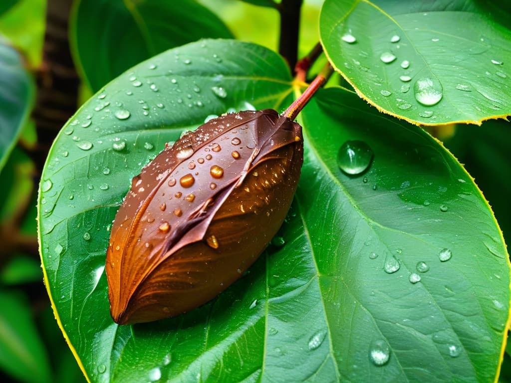  A closeup, ultradetailed image of a single cacao bean covered in droplets of water, showcasing its texture, shine, and natural imperfections. The background is a softfocus blur of lush green cacao tree leaves, creating a serene and organic aesthetic that symbolizes the raw beauty and natural origins of chocolate production. hyperrealistic, full body, detailed clothing, highly detailed, cinematic lighting, stunningly beautiful, intricate, sharp focus, f/1. 8, 85mm, (centered image composition), (professionally color graded), ((bright soft diffused light)), volumetric fog, trending on instagram, trending on tumblr, HDR 4K, 8K