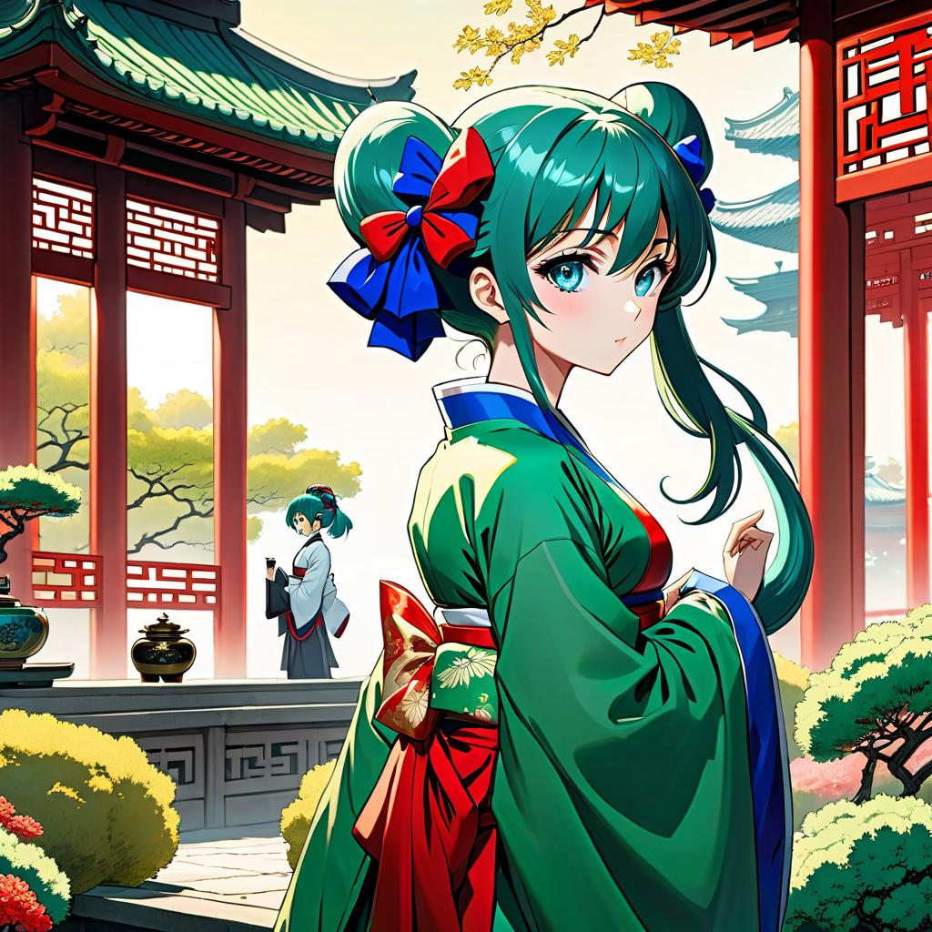  manga style A stands in the foreground with a boy, a Chinese garden in an imperial palace, the has big blue eyes, dark green hair with two tails and a bundle of blue bows behind. She wears a green Chinese , a red , and a white collar. The style is anime. They are collecting medicinal herbs, romance. . vint, high energy, detailed, iconic, Japanese comic style hyperrealistic, full body, detailed clothing, highly detailed, cinematic lighting, stunningly beautiful, intricate, sharp focus, f/1. 8, 85mm, (centered image composition), (professionally color graded), ((bright soft diffused light)), volumetric fog, trending on instagram, trending on tumblr, HDR 4K, 8K