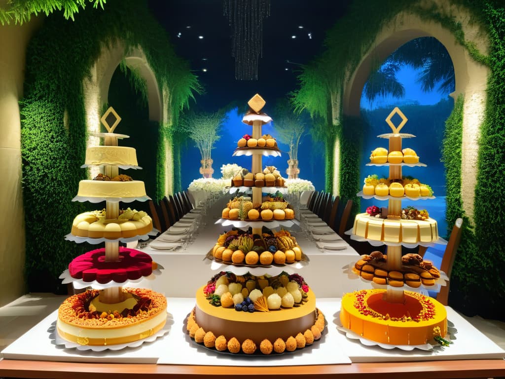  A photorealistic image of a grand wedding banquet table filled with an array of traditional wedding desserts from around the world. The table is elegantly decorated with intricate floral arrangements and candles, showcasing desserts like a towering croquembouche from France, a colorful array of Indian mithai, a decadent American wedding cake, Italian tiramisu, Spanish turron, Greek kourabiedes, and more. The desserts are beautifully presented on ornate serving platters and surrounded by lush greenery, creating a visually stunning and mouthwatering display. hyperrealistic, full body, detailed clothing, highly detailed, cinematic lighting, stunningly beautiful, intricate, sharp focus, f/1. 8, 85mm, (centered image composition), (professionally color graded), ((bright soft diffused light)), volumetric fog, trending on instagram, trending on tumblr, HDR 4K, 8K