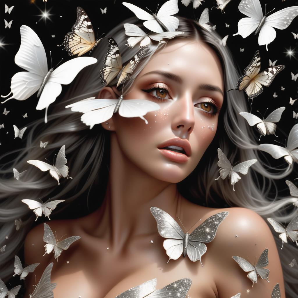  photo RAW, ( ultrarealistic, hyperrealistice, hyperdetailed:The (adult :1.7),shattered into thousands of silver butterflies, scattering into a breeze of silver twinkling stars. While it wasn’t the time for it, after Maria and Carlos had backed a couple of steps away, they couldn’t help but sigh in awe with there beautiful eyes wide open. This sight truly was as beautiful as a fantastic dream), masterpiece, award winning photography, natural light, perfect composition, high detail, hyper realistic, add depth, water background, (real humans:1.5),(highly detailed beautiful eyes)