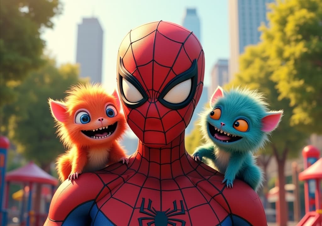  good quality, high quality, a version of spider man, around 1., stands heroically in the center of the image, surrounded by two tiny colorful monsters who are ly interacting with him. spider man is in his clic red and blue suit, his mask slightly tilted, part of his cheek. one monster is sitting on spider man's shoulder, grinning mischievously, while the other is hanging upside down from a spider web, swinging beside him. the background is a vint, colorful city park, with bright green trees, a playground, and the city skyline visible in the distance. the sunlight es the scene in a warm, golden glow, giving a joyful and adventurous atmosphere. spider man and the monsters are the focal poi