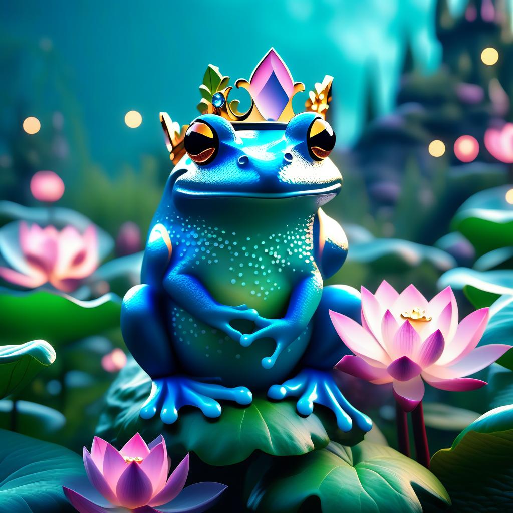  fairy tale (Background): a lake with blooming lotuses of different shades: from white pink to bright crimson and leaves of tender green colour. The sky above the lake of dark blue colour with golden stars scattered on it. (Fantasy Princess Frog): in the centre of the lake on the biggest lotus flower sits a charming frog in a golden crown decorated with blue and blue precious stones. In his paws he holds a ring decorated with blue stones. Style: fantasy, Russian fairy tales, illustrations. . magical, fantastical, enchanting, storybook style, highly detailed hyperrealistic, full body, detailed clothing, highly detailed, cinematic lighting, stunningly beautiful, intricate, sharp focus, f/1. 8, 85mm, (centered image composition), (professionally color graded), ((bright soft diffused light)), volumetric fog, trending on instagram, trending on tumblr, HDR 4K, 8K