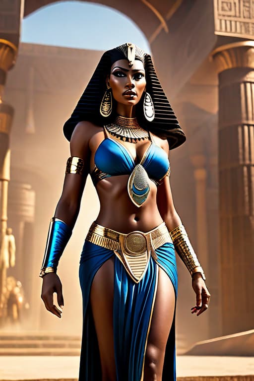  Black egyptian Women, Queen super hero stood high, behind her, looking straight , black eyes, crown hyperrealistic, full body, detailed clothing, highly detailed, cinematic lighting, stunningly beautiful, intricate, sharp focus, f/1. 8, 85mm, (centered image composition), (professionally color graded), ((bright soft diffused light)), volumetric fog, trending on instagram, trending on tumblr, HDR 4K, 8K