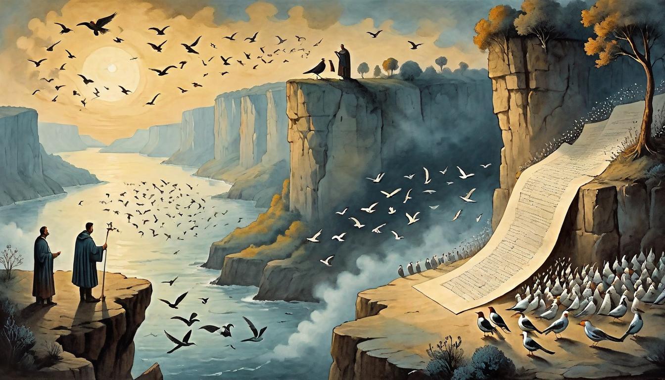  on parchment, surrealism+++, A figure standing at the edge of a cliff, releasing a flock of birds into the dawn light, each bird carrying a piece of parchment, symbolizing purpose and contribution. Figure contemplative, birds determined, dawn breaking, embodying liberation, dedication.(mysterious, provocative, symbolic,muted color)+++