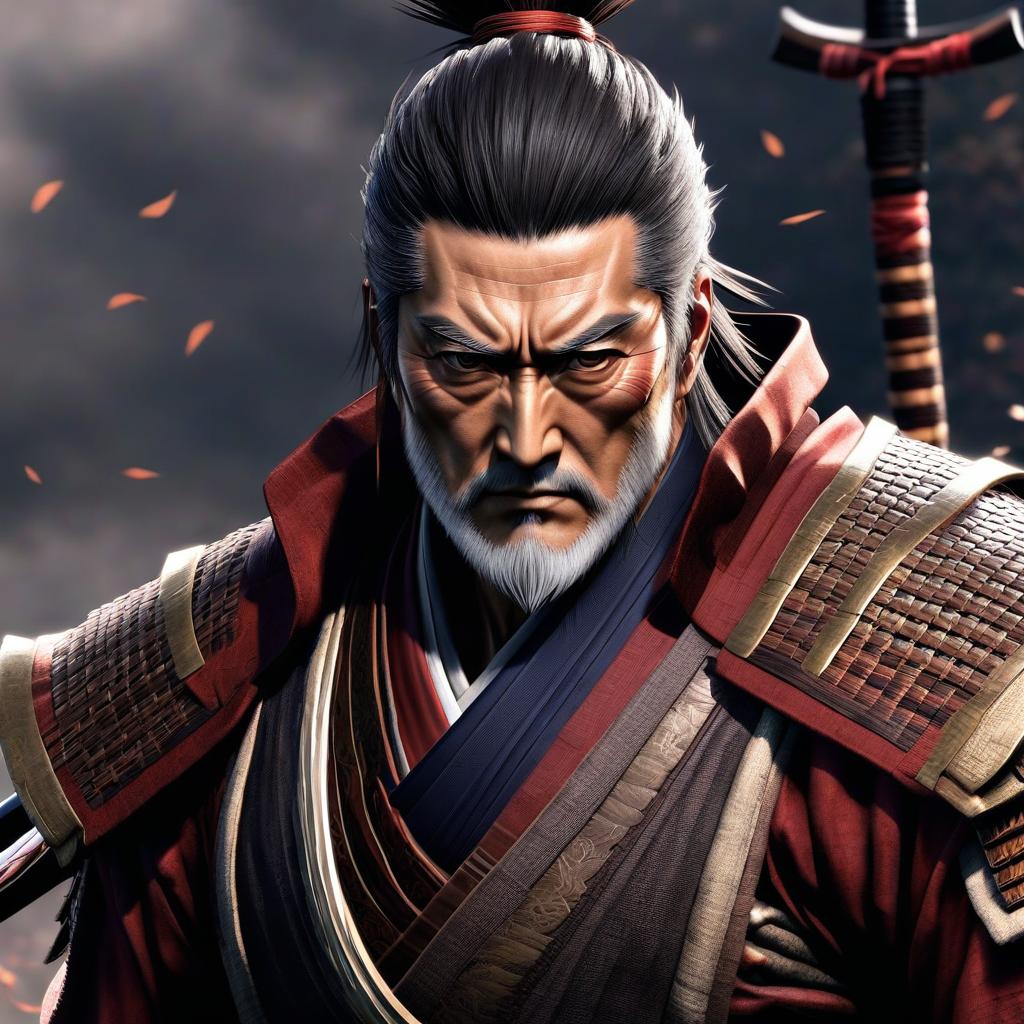  1 man, the old man, samurai, <lora: Isshin Ashina:1>, Isshin Ashina, Sekiro: Shadows Die Twice, ((samurai armor)),(extremely hyper detailed face), (masterpiece:1.4),(perfect eyes:1.1), (perfect hands) , 2d, anime, pseudo realism, extremely hyper detailed clothing, best quality, anime, detailed eyes, detailed face, full body, white hair. hyperrealistic, full body, detailed clothing, highly detailed, cinematic lighting, stunningly beautiful, intricate, sharp focus, f/1. 8, 85mm, (centered image composition), (professionally color graded), ((bright soft diffused light)), volumetric fog, trending on instagram, trending on tumblr, HDR 4K, 8K