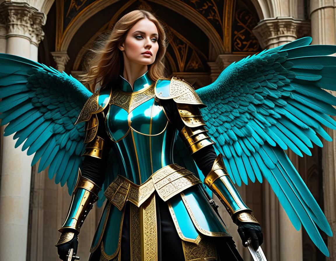  cinematic film still A very beautiful angel with two turquoise wings, in full shiny black and gold armor Gothic Milanese armor of the mid 15th century, as in the paintings of Konrad Witz, with a huge Zweihander sword in her hands Mesmerizing woman detailed hot eyes, lively look, stunning, highly detailed, Full lenght Sculpture of Aphrodite with athletic body made of chicolate, stands on a porcelain pedestal, captivating lady, full character art in blenser 3d using volumetric and blurred light, loop renderer in a dark divine ambient setting, 4k, soft details, wlop, vray, black background., Editorial low angle shot of a stunning supermodel wearing deep red dark tulle, with long hair flowing in the wind, surrounded by  hyperrealistic, full body, detailed clothing, highly detailed, cinematic lighting, stunningly beautiful, intricate, sharp focus, f/1. 8, 85mm, (centered image composition), (professionally color graded), ((bright soft diffused light)), volumetric fog, trending on instagram, trending on tumblr, HDR 4K, 8K