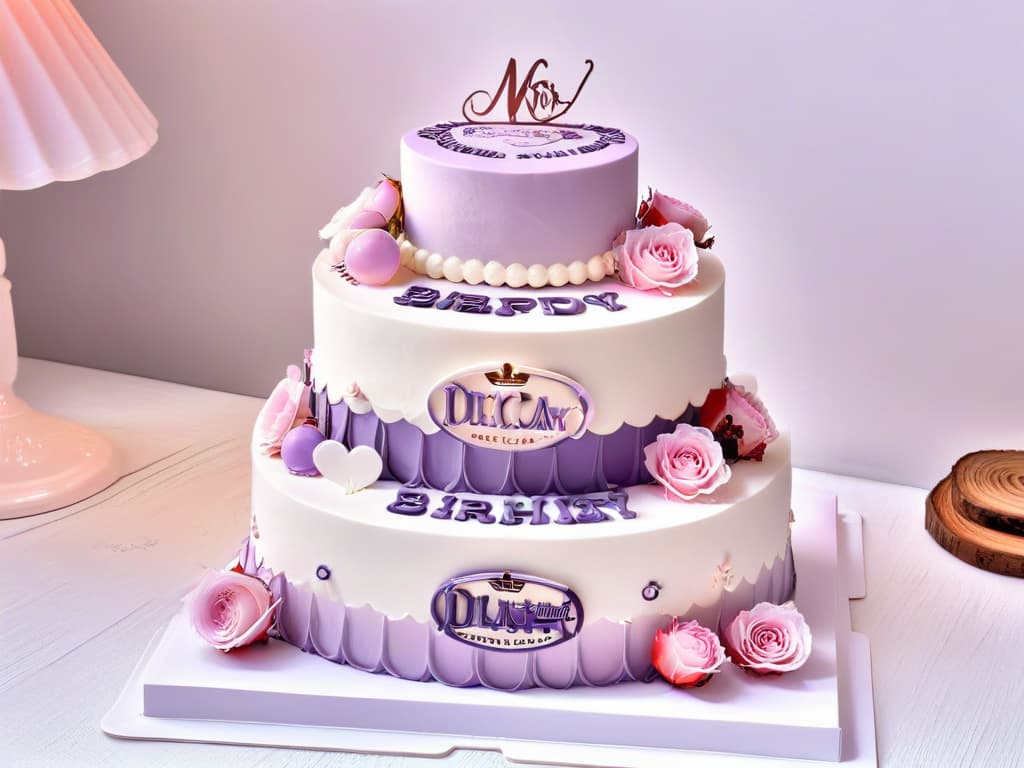  A stunning, ultradetailed image of a beautifully decorated themed cake display, featuring intricate fondant designs of iconic branding elements like logos and slogans delicately crafted on each tier. The color scheme is elegant and cohesive, with a subtle gradient from pastel pink to soft lavender, highlighting the meticulous craftsmanship of the edible art. Each cake is adorned with miniature fondant replicas of popular themed merchandise, such as tiny branded cupcakes and logoshaped cookies, creating a visually striking and captivating scene that embodies the essence of integrating thematic merchandising in a branding strategy. hyperrealistic, full body, detailed clothing, highly detailed, cinematic lighting, stunningly beautiful, intricate, sharp focus, f/1. 8, 85mm, (centered image composition), (professionally color graded), ((bright soft diffused light)), volumetric fog, trending on instagram, trending on tumblr, HDR 4K, 8K