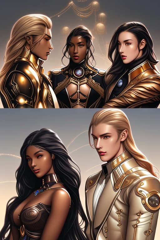  Three black cousins, a dark skin young woman with long black hair, another young woman with rose gold pixie hair and golden brown skin and a young man with model features and blond hair in futuristic steampunk gear with a fantasy background