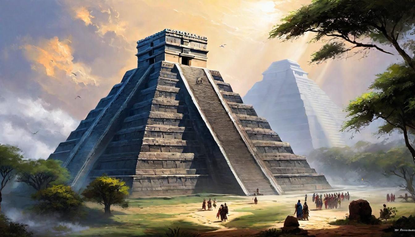  digital painting of Ancient civilization scenes, ziggurats, pyramids, ancient temples, stone carvings, historical significance, deep past, civilizations emerging from mists of time looking at viewer, dynamic pose, (intricate details, masterpiece, best quality)