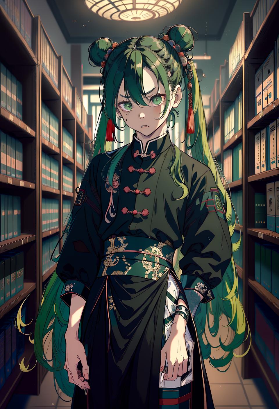  ((trending, highres, masterpiece, cinematic shot)), 1boy, chibi, male goth clothing, library scene, very long curly green hair, hair in Chinese buns, narrow heterochromia eyes, psychopath, crazy personality, bored expression, dark skin, chaotic, observant