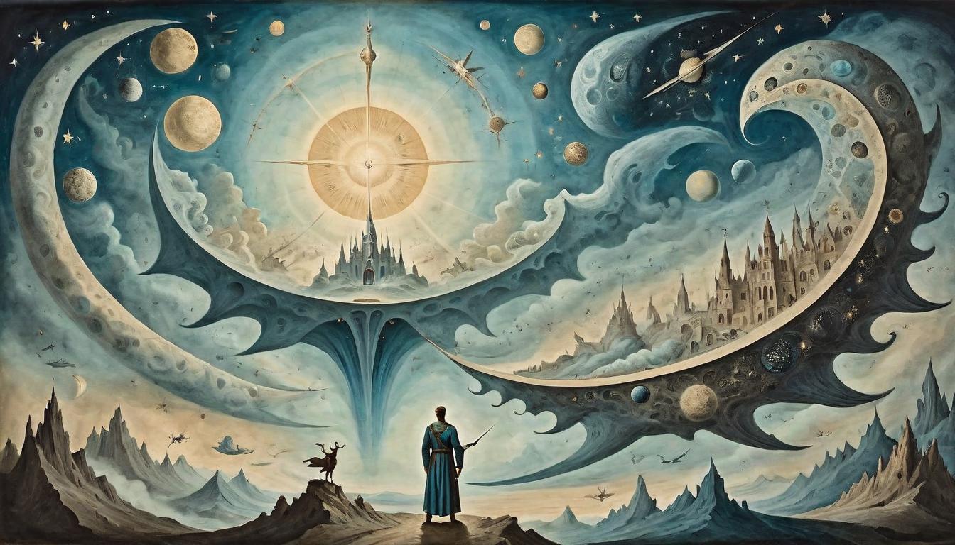  on parchment, surrealism+++, Masterful figure standing upon a celestial plane, universe bowing in subservience, indomitable presence, master of existence, cosmic scale(mysterious, provocative, symbolic,muted color)+++