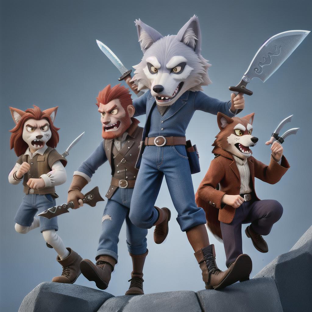  Animal image anthropomorphic, bad guy, knife-wielding, scar on face, single person, wolf head, three-angle view, scared expression, Q-print wind