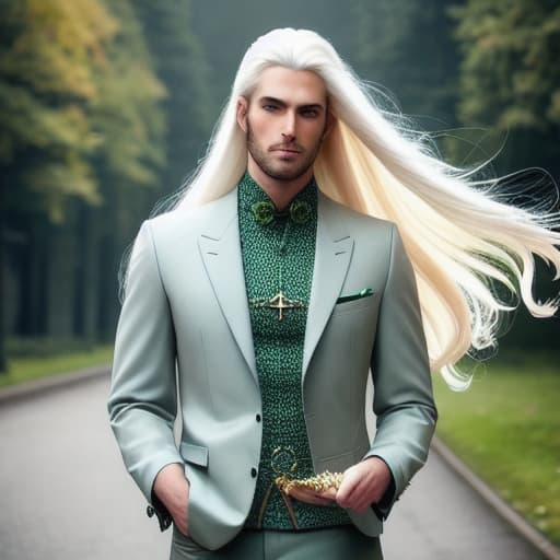 modelshoot style long white hair and green eyes boy hyperrealistic, full body, detailed clothing, highly detailed, cinematic lighting, stunningly beautiful, intricate, sharp focus, f/1. 8, 85mm, (centered image composition), (professionally color graded), ((bright soft diffused light)), volumetric fog, trending on instagram, trending on tumblr, HDR 4K, 8K