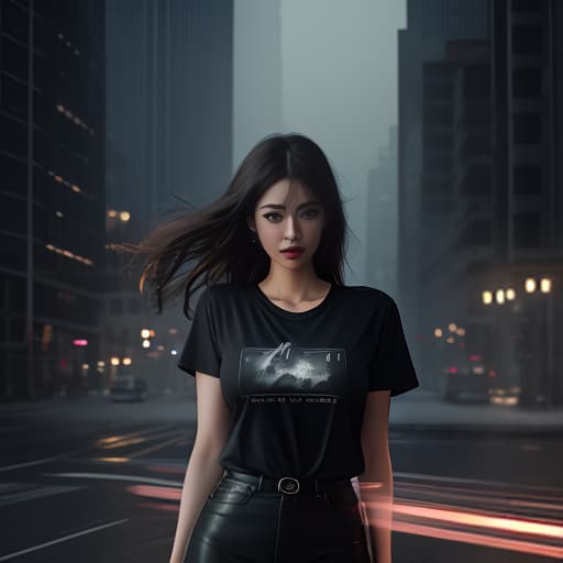  girl, night city, long exposure, in a t shirt, light, photo realism, lines, bokeh hyperrealistic, full body, detailed clothing, highly detailed, cinematic lighting, stunningly beautiful, intricate, sharp focus, f/1. 8, 85mm, (centered image composition), (professionally color graded), ((bright soft diffused light)), volumetric fog, trending on instagram, trending on tumblr, HDR 4K, 8K