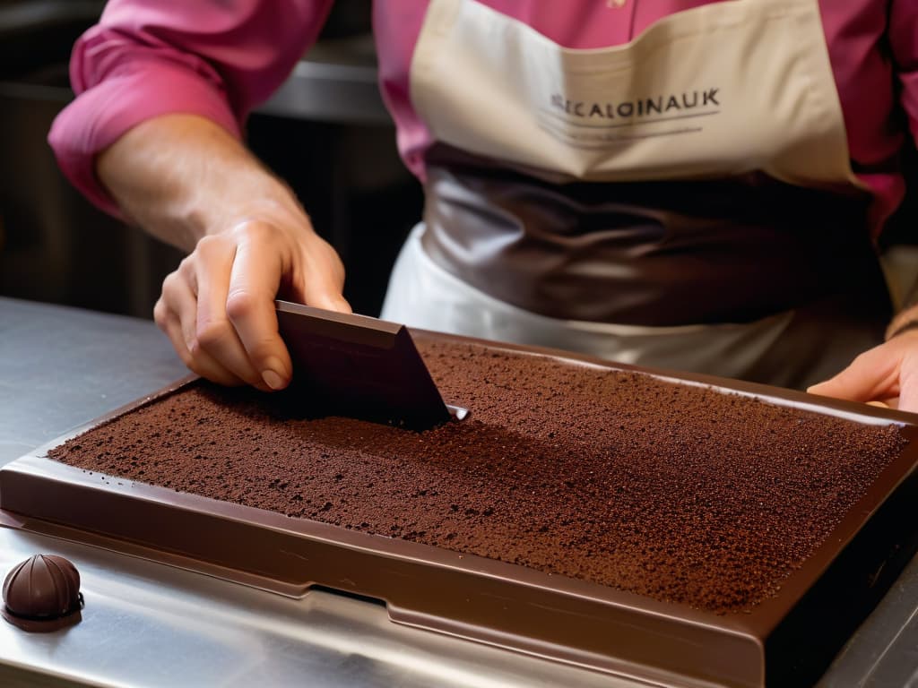  An ultradetailed, highresolution image of a master chocolatier meticulously handcrafting a gourmet chocolate tablet. The scene captures the artisan's hands delicately pouring melted chocolate into a mold, showcasing the intricate process of creating artisanal chocolate tablets. The background is elegantly blurred, emphasizing the skill and precision involved in the craft, while the soft lighting highlights the rich, velvety texture of the chocolate. hyperrealistic, full body, detailed clothing, highly detailed, cinematic lighting, stunningly beautiful, intricate, sharp focus, f/1. 8, 85mm, (centered image composition), (professionally color graded), ((bright soft diffused light)), volumetric fog, trending on instagram, trending on tumblr, HDR 4K, 8K