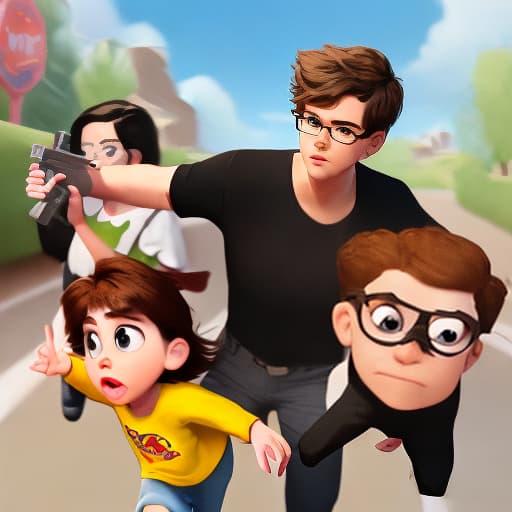  Make a Disney and Pixar style poster of a white boy with black glasses and brown lenses holding a gun while more children run behind