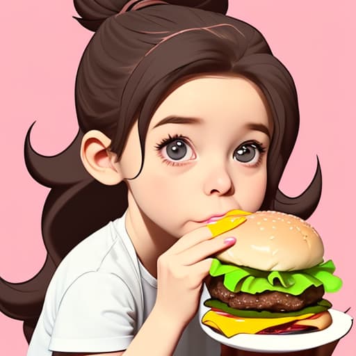  Show me a cute small cartoon girl eating a the tiniest burger