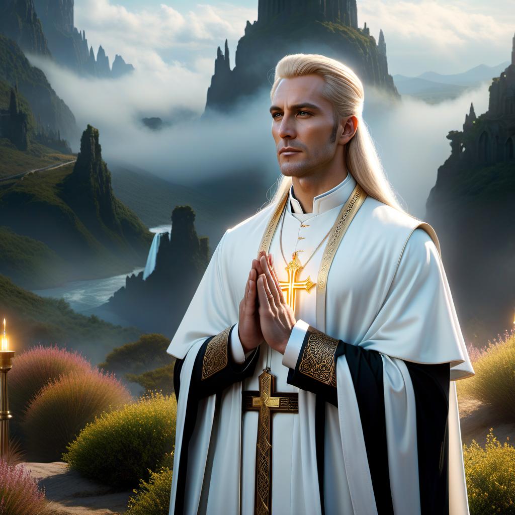  concept art A priest with light hair and a young face. . digital artwork, illustrative, painterly, matte painting, highly detailed hyperrealistic, full body, detailed clothing, highly detailed, cinematic lighting, stunningly beautiful, intricate, sharp focus, f/1. 8, 85mm, (centered image composition), (professionally color graded), ((bright soft diffused light)), volumetric fog, trending on instagram, trending on tumblr, HDR 4K, 8K