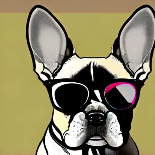  An Andy Warhol style painting of a french bulldog wearing sunglasses