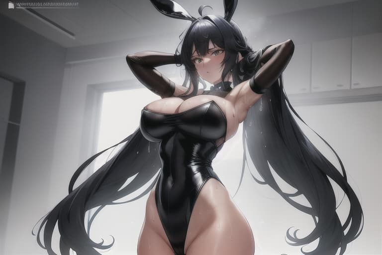  1, gigantic long s, huge gigantic s huge, bunny , , shiny rubber black rabbit ears, wrist cuffs, shiny minimum black leotard, shiny black leotard, redtie, black long hair, long hair, cutout between under , side out, humid, training, steam, steaming body, sweat, sweat dripping, sweaty body, , steaming , sweaty , salliva trail, drivel, heavy breathing, breathless, cowboy shot, , arms behind head hyperrealistic, full body, detailed clothing, highly detailed, cinematic lighting, stunningly beautiful, intricate, sharp focus, f/1. 8, 85mm, (centered image composition), (professionally color graded), ((bright soft diffused light)), volumetric fog, trending on instagram, trending on tumblr, HDR 4K, 8K