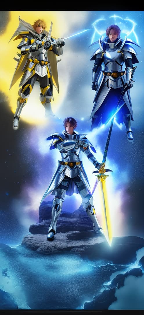  anime main character male in his human form holding two halfs futuristic knights forms knighs of Orion and Sagittarius holding two sword , hyperrealistic, high quality, highly detailed, cinematic lighting, intricate, sharp focus, f/1. 8, 85mm, (centered image composition), (professionally color graded), ((bright soft diffused light)), volumetric fog, trending on instagram, HDR 4K, 8K