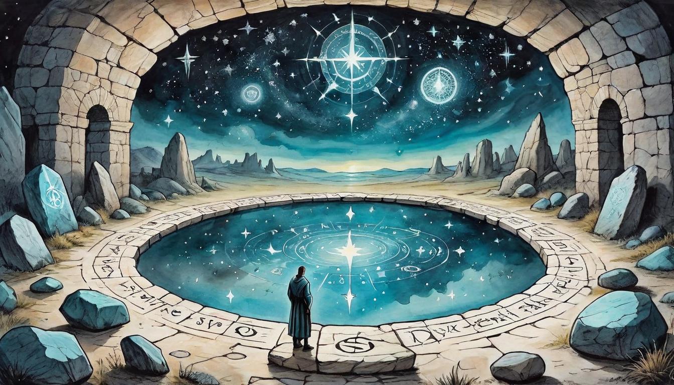  on parchment, surrealism+++, A crystal clear pool reflecting a tapestry of stars above, surrounded by ancient stones inscribed with runes. Insight's mirror, growth in reflection, spiritual awakening, stones of destiny.(mysterious, provocative, symbolic,muted color)+++