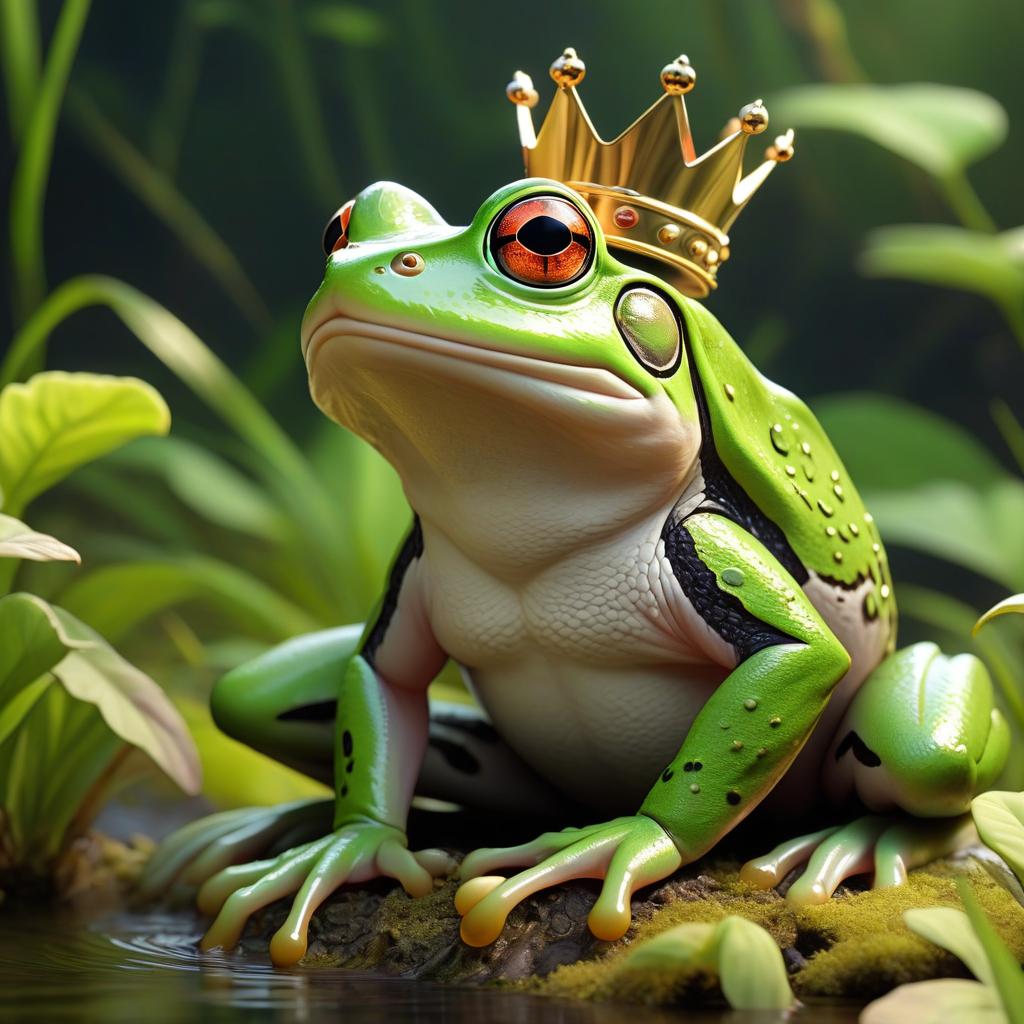  anime artwork A frog is sitting sideways in a bog with a crown on its head. . anime style, key visual, vibrant, studio anime, highly detailed hyperrealistic, full body, detailed clothing, highly detailed, cinematic lighting, stunningly beautiful, intricate, sharp focus, f/1. 8, 85mm, (centered image composition), (professionally color graded), ((bright soft diffused light)), volumetric fog, trending on instagram, trending on tumblr, HDR 4K, 8K