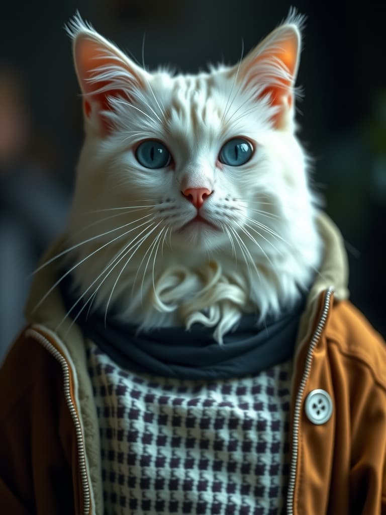  a white cat hyperrealistic, full body, detailed clothing, highly detailed, cinematic lighting, stunningly beautiful, intricate, sharp focus, f/1. 8, 85mm, (centered image composition), (professionally color graded), ((bright soft diffused light)), volumetric fog, trending on instagram, trending on tumblr, HDR 4K, 8K