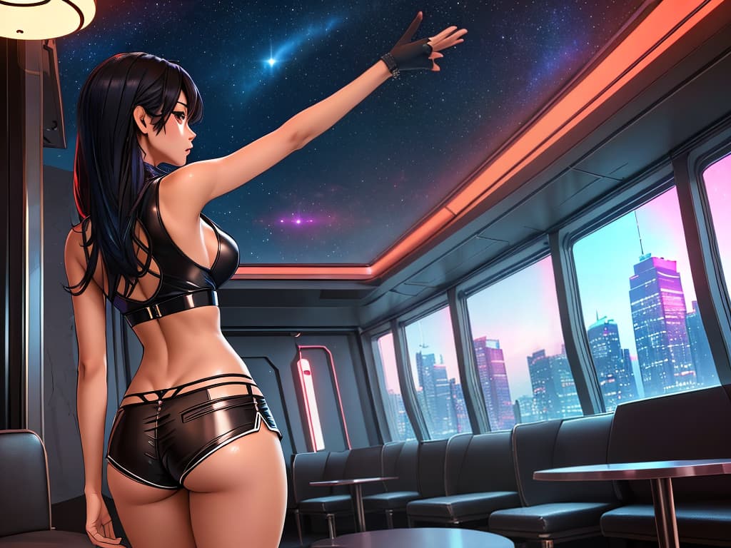  image: masterpiece, high quality, semi realistic anime, (professionally color graded), detailed clothing, highly detailed, cinematic lighting, perfect face, perfect body, 8k, HD, ((one beautiful asian woman)), slim waist, slim build, ((huge firm round s)), normal hips, medium sized round , fit, tanned, long dark neon hair, view: dynamic view, single view , location: sci fi interior love hotel in the city at night, clothing: sci fi lingirie, short shorts, mostly , pose: showing bare s, arched back