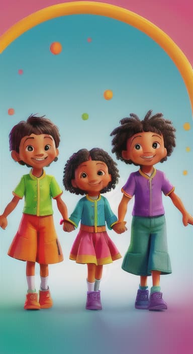  {A bright and colorful book cover with a group of happy children holding hands in a circle., Children of various ethnicities. They are smiling and wearing colorful clothing.