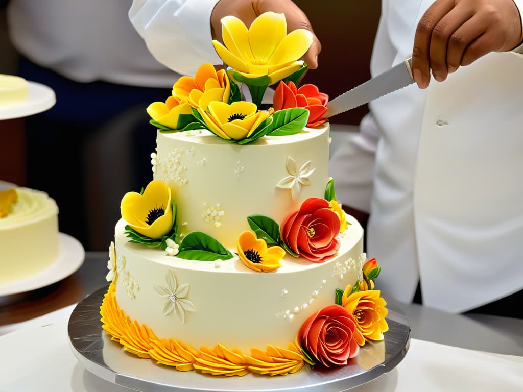  A detailed photorealistic image of Tariq Hanna meticulously crafting a stunning and intricate sugar flower to adorn a decadent multitiered wedding cake. The focus is on his hands, expertly sculpting delicate petals and leaves with precision and artistry, showcasing the intense concentration and skill required in the art of pastry making. The background shows a bustling pastry kitchen filled with colorful ingredients, tools, and finished desserts, adding depth and context to the scene. hyperrealistic, full body, detailed clothing, highly detailed, cinematic lighting, stunningly beautiful, intricate, sharp focus, f/1. 8, 85mm, (centered image composition), (professionally color graded), ((bright soft diffused light)), volumetric fog, trending on instagram, trending on tumblr, HDR 4K, 8K