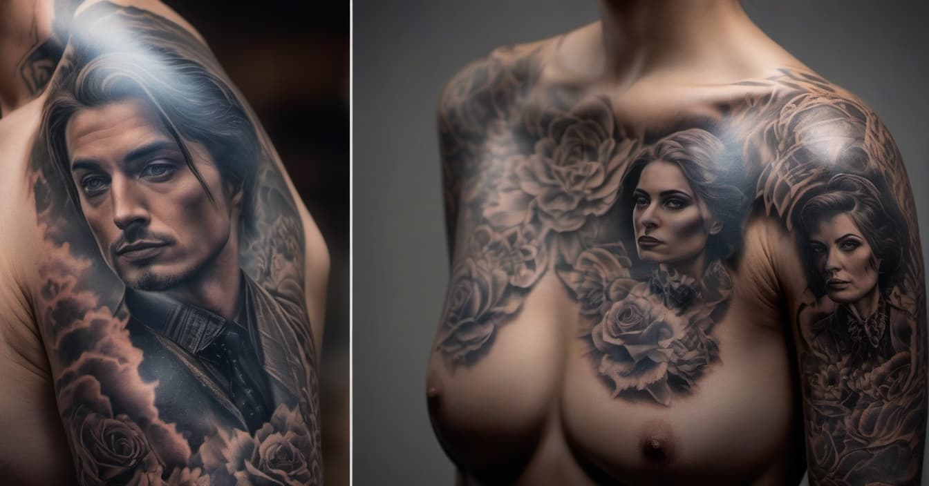  A portrait of a man drawn as a tattoo on a woman's body. hyperrealistic, full body, detailed clothing, highly detailed, cinematic lighting, stunningly beautiful, intricate, sharp focus, f/1. 8, 85mm, (centered image composition), (professionally color graded), ((bright soft diffused light)), volumetric fog, trending on instagram, trending on tumblr, HDR 4K, 8K