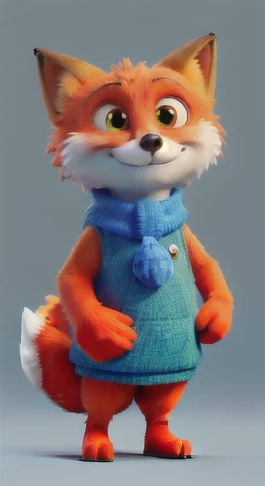  {Error the fox pressing the blue button with his paw, looking puzzled as nothing occurs., Error is a small, bright orange fox with a fluffy tail and big, inquisitive eyes. He has a mischievous yet kind expression and wears a tiny green scarf.