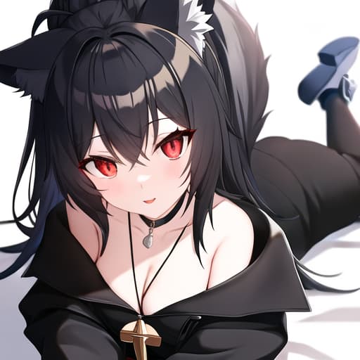  wolf girl, black fur, dressed in a white trench coat with black touches, black boots, bright eyes, with a cross necklace, sapphire red eyes,, big