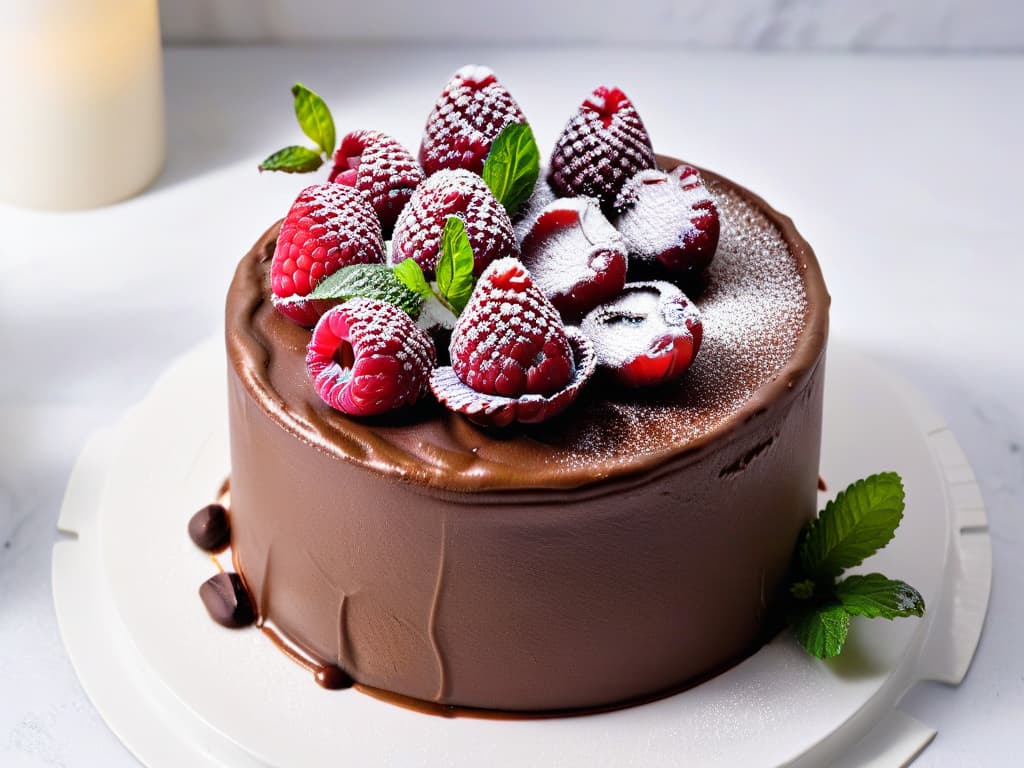  A closeup, ultradetailed image of a perfectly frosted vegan and glutenfree chocolate cake, adorned with fresh raspberries and mint leaves, set against a sleek, white marble backdrop. The frosting is smooth and glossy, reflecting light to highlight its flawless finish. The raspberries glisten with freshness, and the mint leaves add a pop of vibrant green color to the composition. The overall aesthetic is modern, elegant, and inviting, perfect for a minimalistic visual appeal that complements the theme of innovative vegan and glutenfree baking. hyperrealistic, full body, detailed clothing, highly detailed, cinematic lighting, stunningly beautiful, intricate, sharp focus, f/1. 8, 85mm, (centered image composition), (professionally color graded), ((bright soft diffused light)), volumetric fog, trending on instagram, trending on tumblr, HDR 4K, 8K