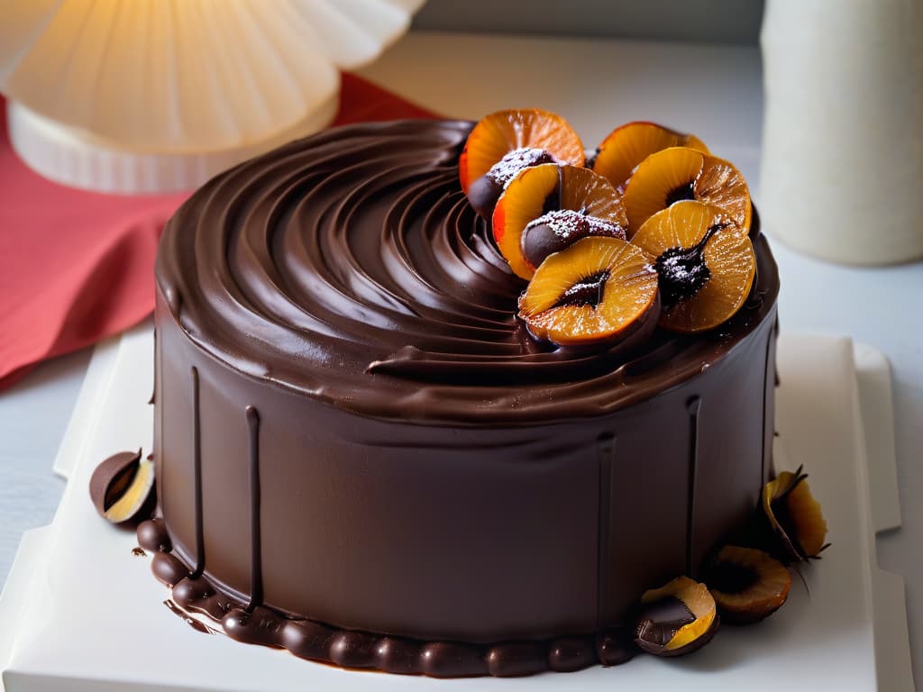  An ultradetailed, 8k resolution image of a perfectly tempered dark chocolate ganache being delicately poured over a glossy, smooth chocolate cake, with intricate swirls and patterns forming as the ganache cascades down the sides. The rich, velvety texture of the ganache contrasts beautifully with the deep, decadent color of the cake, creating a visually stunning and mouthwatering scene that epitomizes the artistry and sophistication of contemporary chocolate pastry making. hyperrealistic, full body, detailed clothing, highly detailed, cinematic lighting, stunningly beautiful, intricate, sharp focus, f/1. 8, 85mm, (centered image composition), (professionally color graded), ((bright soft diffused light)), volumetric fog, trending on instagram, trending on tumblr, HDR 4K, 8K