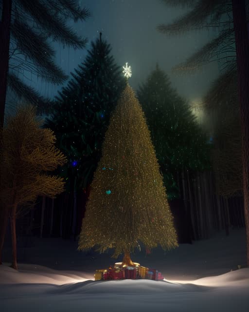  Winter, night, bright and colorful Christmas tree with Christmas ornaments and fireworks in the forest., (Extremely Detailed Oil Painting:1.2), glow effects, godrays, Hand drawn, render, 8k, octane render, cinema 4d, blender, dark, atmospheric 4k ultra detailed, cinematic sensual, Sharp focus, humorous illustration, big depth of field, Masterpiece, colors, 3d octane render, 4k, concept art, trending on artstation, hyperrealistic, Vivid colors, extremely detailed CG unity 8k wallpaper, trending on ArtStation, trending on CGSociety, Intricate, High Detail, dramatic