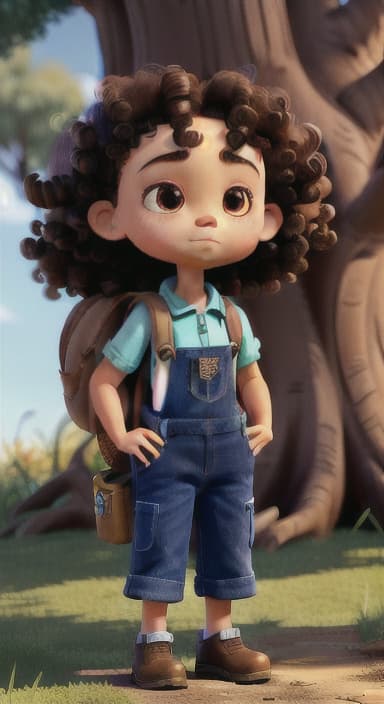  {Riley standing under the tree with eyes closed, making the wish., Riley, a curious with big brown eyes and curly hair, wearing overalls and carrying a small backpack. Their friend, Skye, a bluebird with shiny feathers.