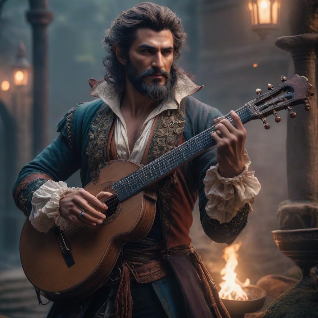  A bard guy, but half demon. hyperrealistic, full body, detailed clothing, highly detailed, cinematic lighting, stunningly beautiful, intricate, sharp focus, f/1. 8, 85mm, (centered image composition), (professionally color graded), ((bright soft diffused light)), volumetric fog, trending on instagram, trending on tumblr, HDR 4K, 8K