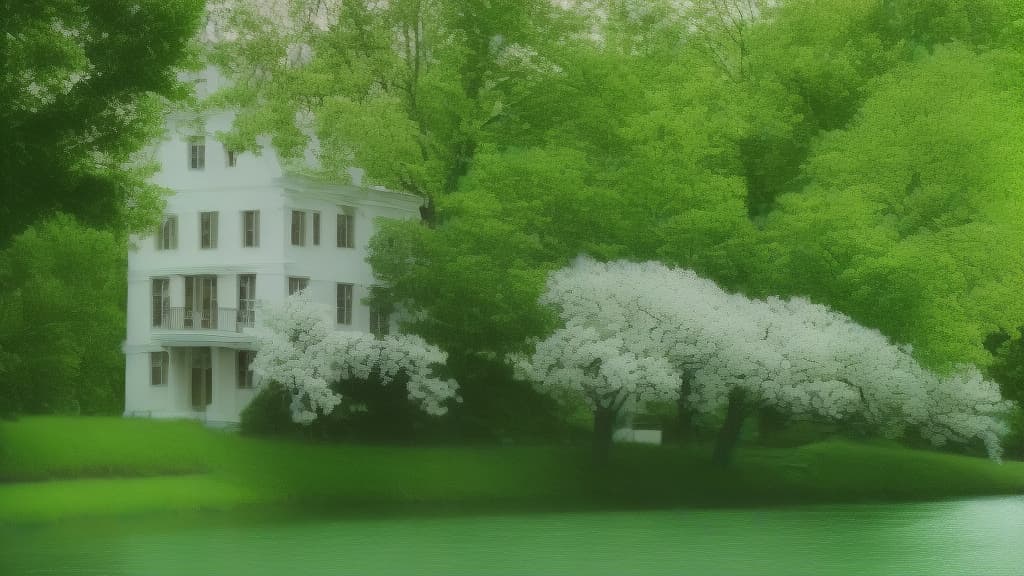 trnlgcy white flower tree next to blue river, lush green, some cute house
