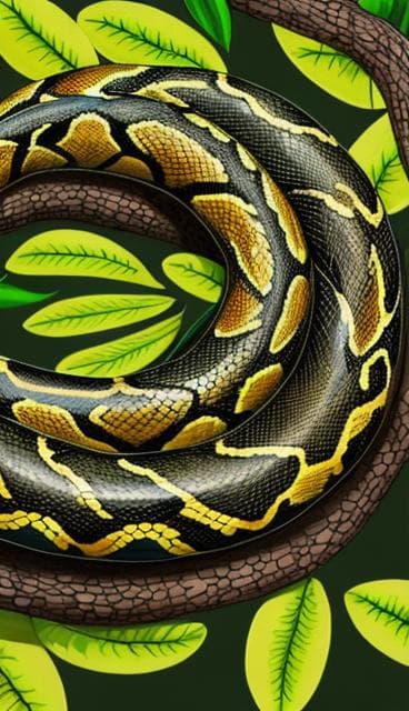 a lifelike and highly detailed depiction of a snake featuring intricate scales and a variety of colors and patterns on its body. the snake is elegantly coiled around a branch, set against a vibrant natural habitat filled with lush greenery and diverse elements of its ecosystem. this illustration should emphasize realistic textures and colors in a detailed artistic style.