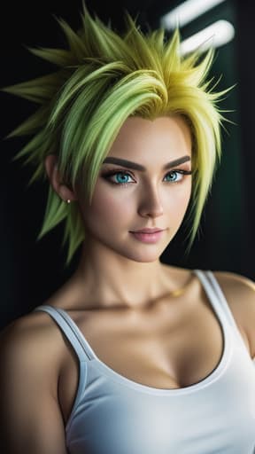 photorealistic super Saiyan girl with pretty face and light green eyes, spikey super Saiyan hair, perfect slender body, hyperrealistic, high quality, highly detailed, cinematic lighting, intricate, sharp focus, f/1. 8, 85mm, (centered image composition), (professionally color graded), ((bright soft diffused light)), volumetric fog, trending on instagram, HDR 4K, 8K