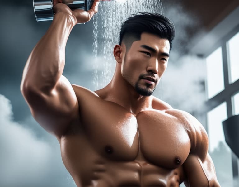  muscle, Chinese beautiful boy, taking a shower in heaven， body，chest hair hyperrealistic, full body, detailed clothing, highly detailed, cinematic lighting, stunningly beautiful, intricate, sharp focus, f/1. 8, 85mm, (centered image composition), (professionally color graded), ((bright soft diffused light)), volumetric fog, trending on instagram, trending on tumblr, HDR 4K, 8K