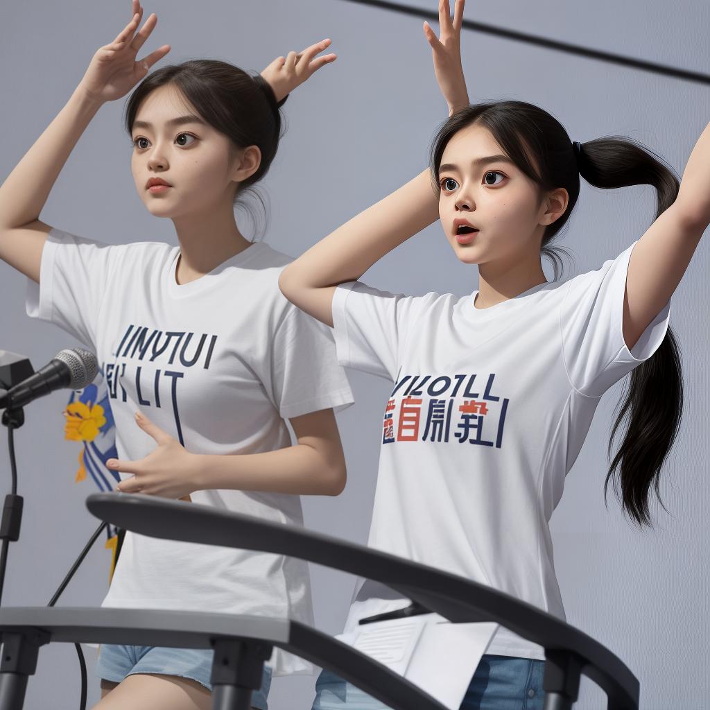  Masterpiece, best quality, a girl, double ponytails, white T-shirt, big eyes Attending an academic forum, speaking, holding documents and microphones Speaking from the podium and having an audience