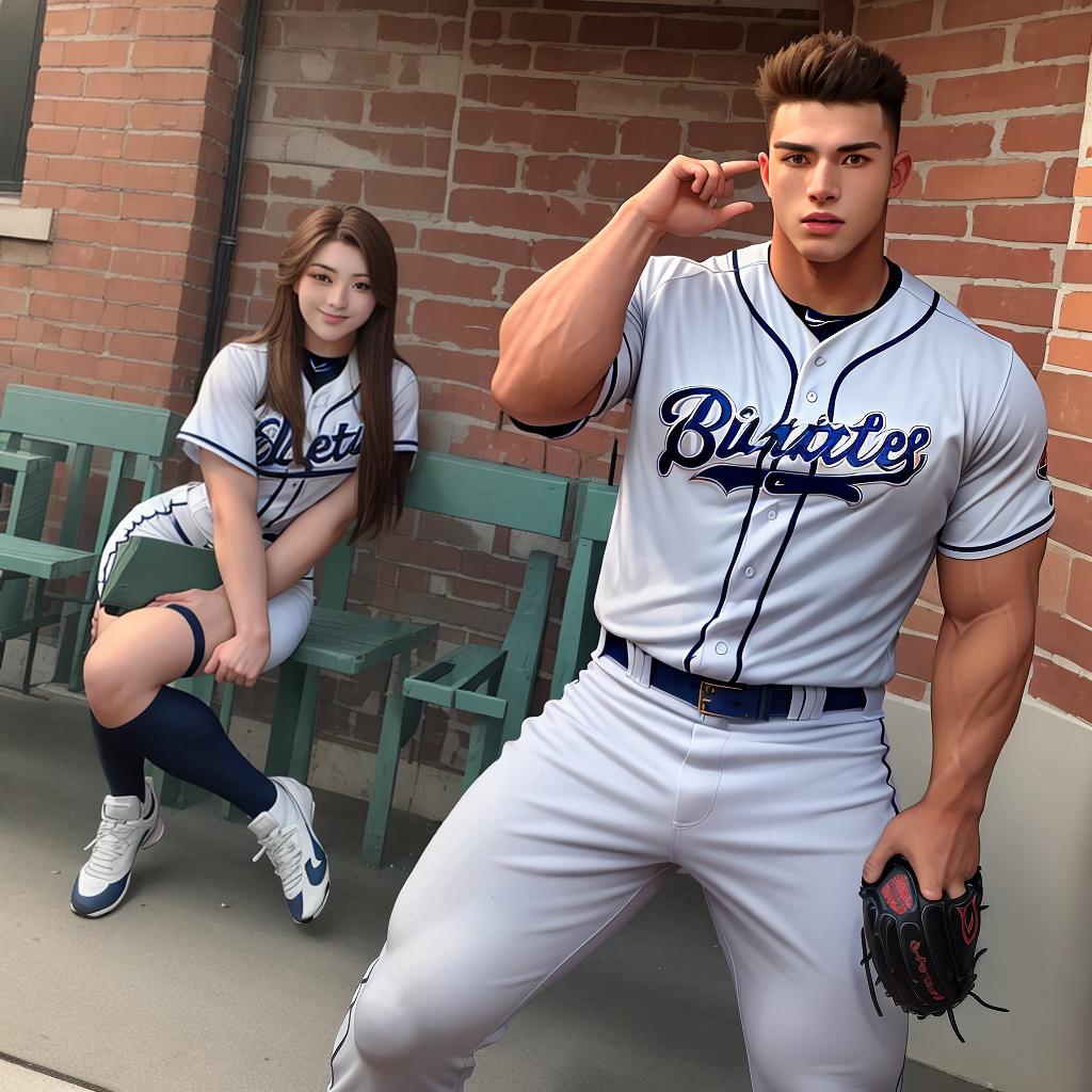  masterpiece, best quality, strong muscular baseball player and is very bricked up has 3 of the most pretty girlfriend